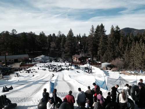 A snowy hill with people tubing, surrounded by trees and buildings, under a clear sky.