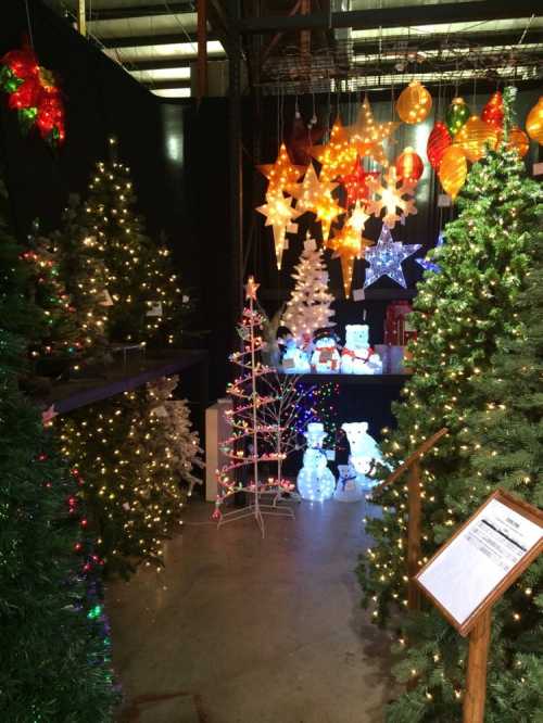 A festive display featuring decorated Christmas trees, colorful lights, and holiday decorations in a dimly lit space.