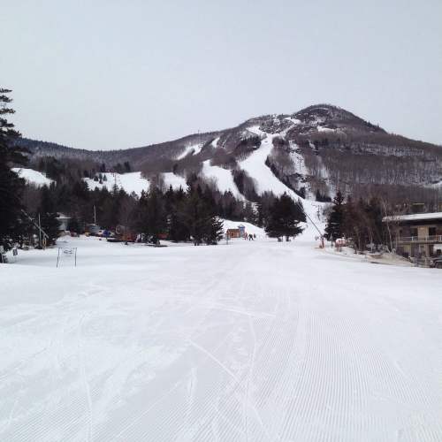 A snowy ski slope with trees and a mountain in the background, showcasing a winter landscape.