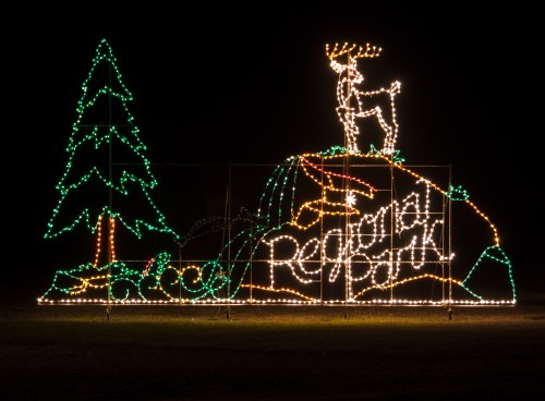 Colorful holiday lights display featuring a reindeer on a rock with a tree, spelling "Regional Park" in bright letters.