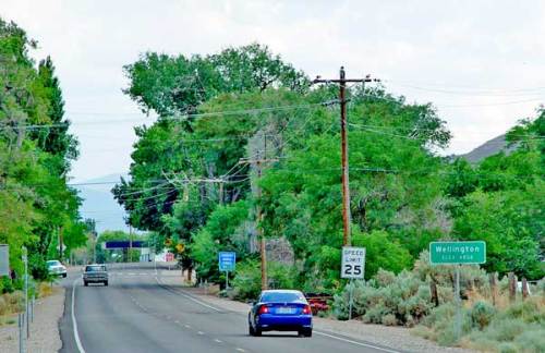 A rural road with a speed limit sign, trees lining the sides, and a sign indicating the town of Wellington ahead.