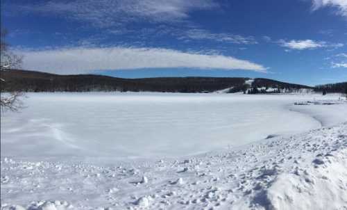 A snowy landscape with a frozen lake, surrounded by trees and a clear blue sky with scattered clouds.