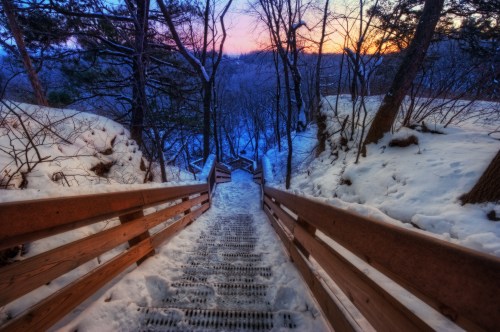A snowy staircase leads down through a forest at sunset, with trees lining the path and a colorful sky in the background.