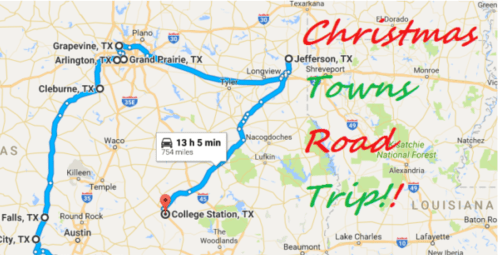 Map showing a route for a Christmas towns road trip from College Station, TX, to Jefferson, TX, with key locations marked.
