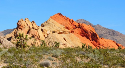 Vibrant red and orange rock formations rise above green desert vegetation under a clear blue sky.