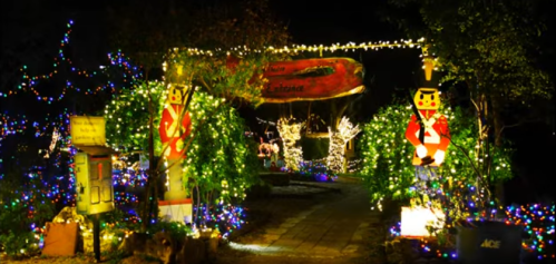 A festive pathway adorned with colorful lights and nutcracker decorations, creating a cheerful holiday atmosphere.