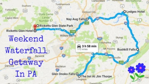 Map showing a weekend waterfall getaway in Pennsylvania, highlighting Ricketts Glen State Park and nearby waterfalls.