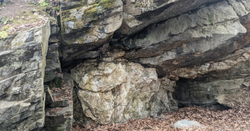 A rocky outcrop with layered stones and moss, surrounded by fallen leaves in a natural setting.