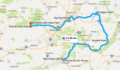 Map showing a route connecting Ricketts Glen Hotel, Nay Aug Falls, Ledges Hotel, and other attractions in Pennsylvania.