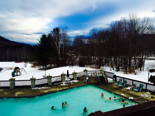 A winter scene with a pool surrounded by snow, people swimming, and trees in the background under a cloudy sky.