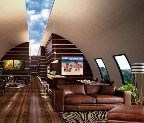 Modern interior of a spacious, stylish living area with large windows, wooden floors, and contemporary artwork.