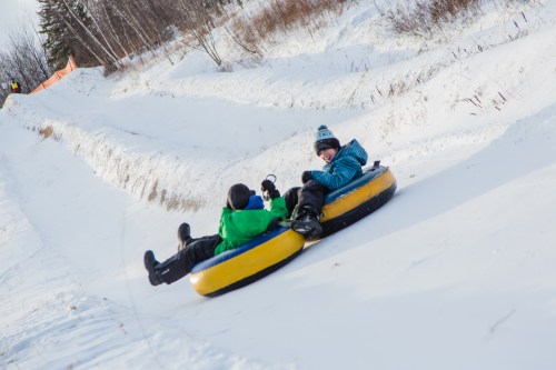 Two children in colorful snow tubes slide down a snowy hill, surrounded by winter scenery.