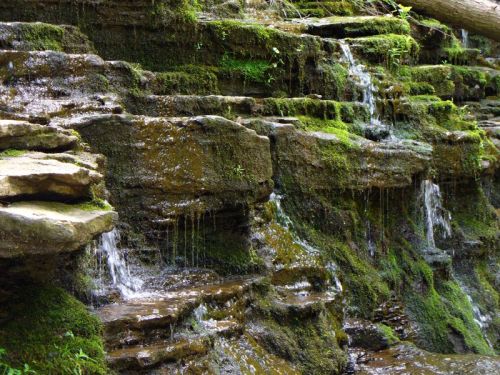 A serene rocky landscape with cascading water and lush green moss.