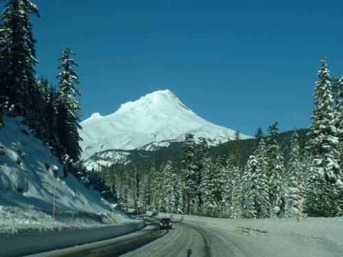 Snow-covered mountain with a clear blue sky, surrounded by tall evergreen trees and a winding road.
