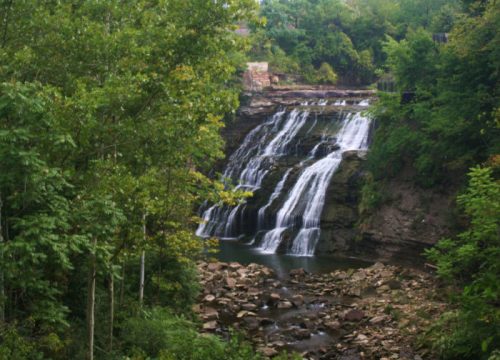 A serene waterfall cascades over rocky cliffs, surrounded by lush green trees and a tranquil pool below.