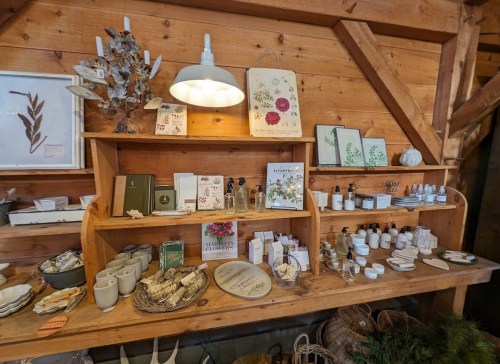 A wooden shelf displays various decorative items, books, and skincare products in a cozy, rustic setting.