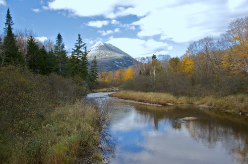 A serene river flows through a forested landscape with autumn foliage and a mountain in the background under a blue sky.