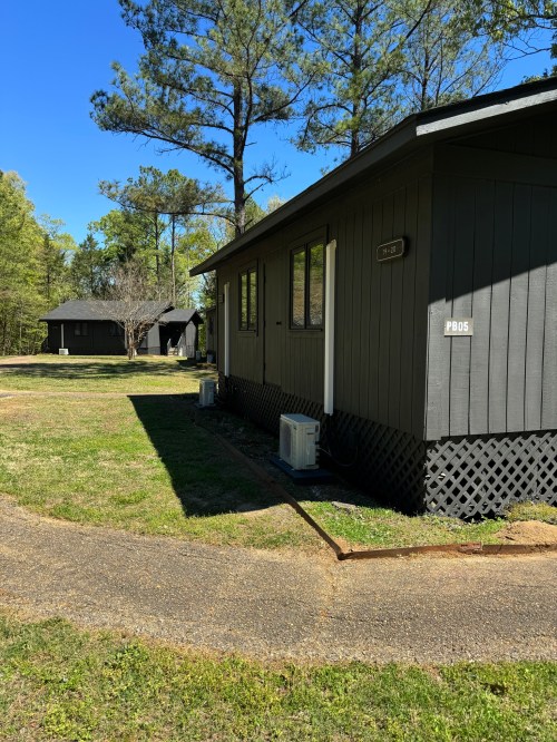 A dark-colored cabin surrounded by trees, with another cabin visible in the background on a sunny day.