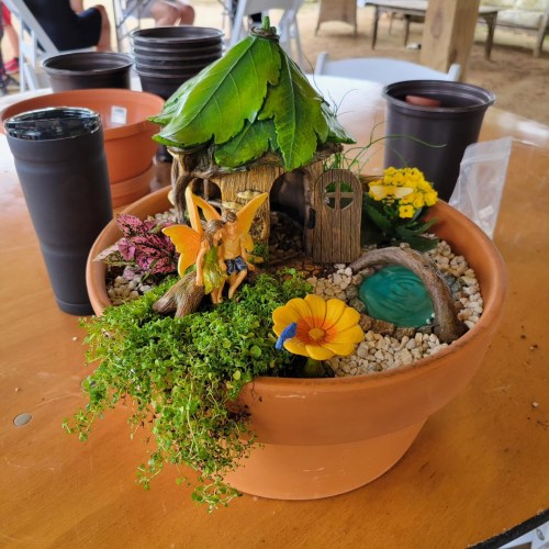 A whimsical fairy garden in a terracotta pot, featuring a fairy, colorful flowers, and a small water feature.