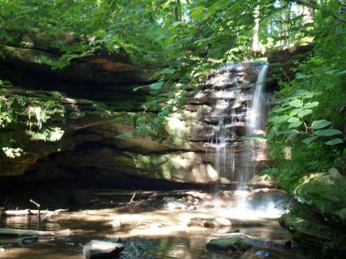 A serene waterfall cascades over rocky cliffs, surrounded by lush green foliage and a tranquil pool below.