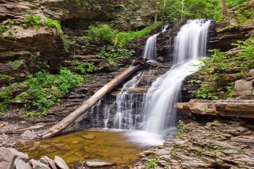 A serene waterfall cascades over rocky cliffs, surrounded by lush green foliage and a calm pool below.
