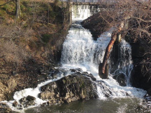 A cascading waterfall flows over rocks, with a fallen tree and a dam in the background, surrounded by bare trees.