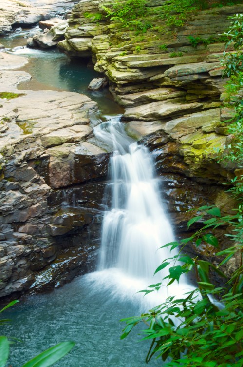 A serene waterfall cascades over rocky cliffs into a tranquil pool, surrounded by lush greenery.