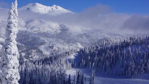 Snow-covered mountains and trees under a clear blue sky, with wispy clouds in the distance. A serene winter landscape.