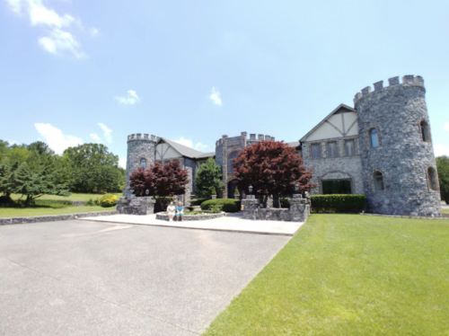 A stone castle-like building with turrets, surrounded by green grass and trees under a clear blue sky.