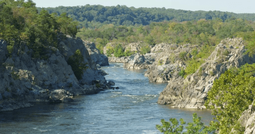 A serene river flows between rocky cliffs, surrounded by lush greenery and trees under a clear blue sky.