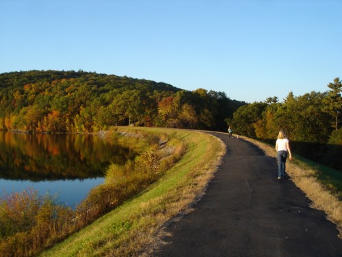 A scenic path along a lake, with trees in autumn colors and two people walking, under a clear blue sky.
