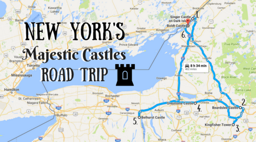 Map of New York's majestic castles road trip, highlighting routes and locations of various castles to visit.