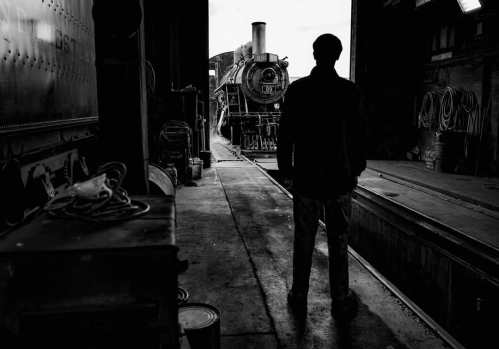 A silhouette of a person stands in a dimly lit train shed, watching a steam locomotive emerge into the light.