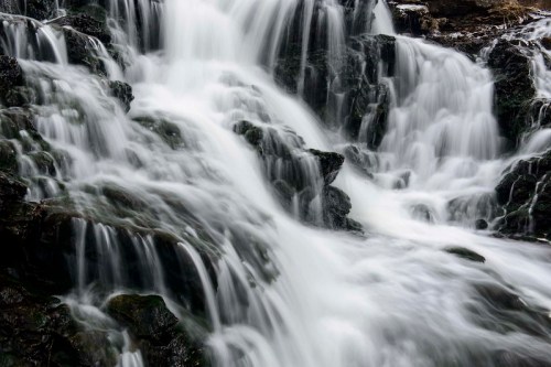 A close-up of cascading water flowing over dark rocks, creating a smooth, silky texture in a natural setting.