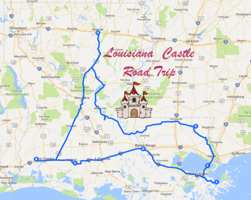 Map of Louisiana highlighting a road trip route with a castle graphic and labeled "Louisiana Castle Road Trip."