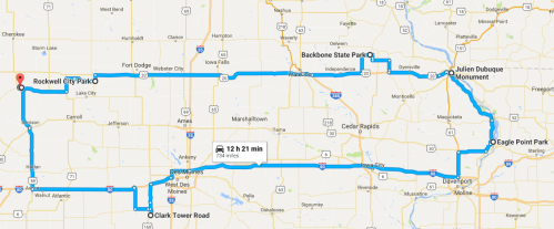 Map showing a route from Rockwell City Park to Eagle Point Park, passing through Backbone State Park and Julien Dubuque Monument.