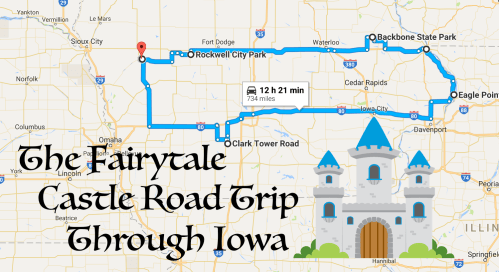 Map of a road trip route through Iowa, highlighting stops like Rockwell City Park and Backbone State Park, with a castle graphic.