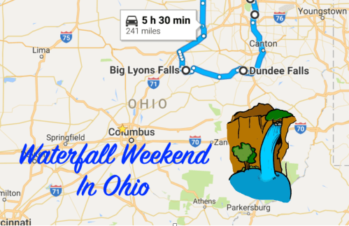 Map showing a route for a "Waterfall Weekend in Ohio," highlighting Big Lyons Falls and Dundee Falls.