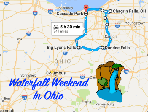 Map showing a route for a "Waterfall Weekend in Ohio," highlighting Cascade Park and nearby waterfalls.