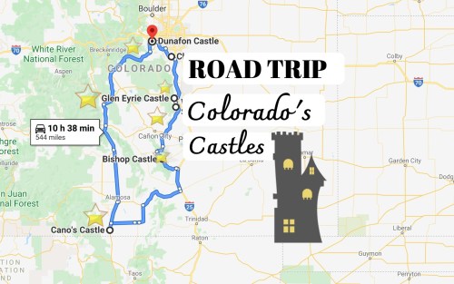 Map showing a road trip route to various castles in Colorado, including Dunafon, Glen Eyrie, Bishop, and Cano's Castle.