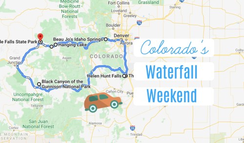 Map of Colorado highlighting a scenic route for a "Waterfall Weekend," featuring key locations and a car icon.