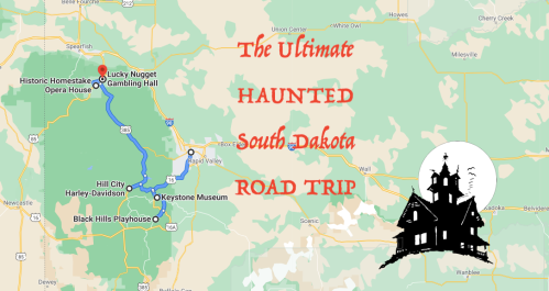 Map highlighting a haunted road trip in South Dakota, featuring locations like Lucky Nugget Gambling Hall and Keystone Museum.