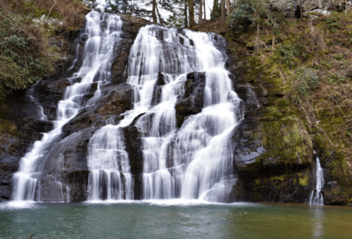 A serene waterfall cascading over rocky cliffs into a tranquil pool, surrounded by lush greenery and trees.