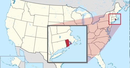 Map highlighting Rhode Island within the northeastern United States, showing its location in relation to surrounding states.