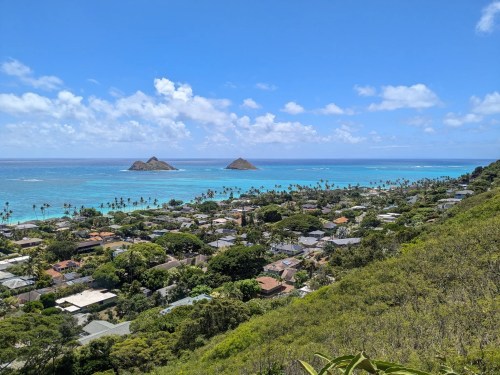 A scenic view of a coastal town with lush greenery, blue waters, and two small islands in the distance under a clear sky.