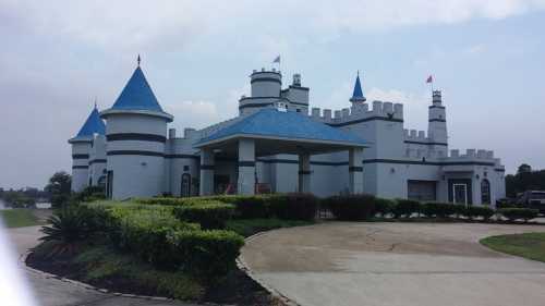 A large, whimsical castle with blue roofs and turrets, surrounded by greenery and a paved driveway.