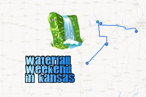 Map of Kansas with a waterfall graphic, highlighting a route for a "Waterfall Weekend in Kansas" event.