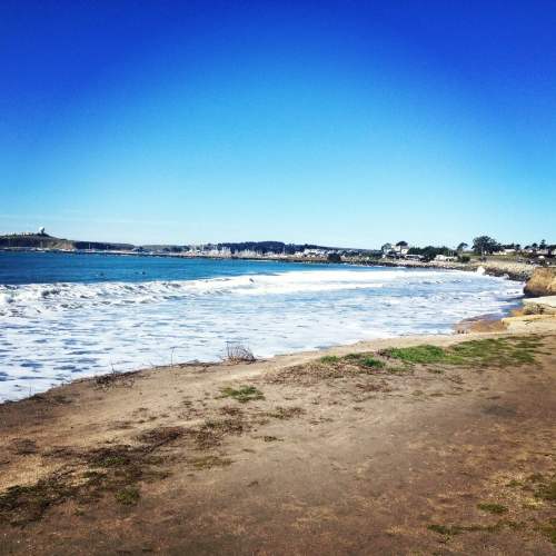 A serene beach scene with gentle waves lapping at the shore under a clear blue sky.