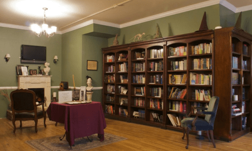 Cozy library with wooden bookshelves, a table, and seating, featuring green walls and decorative accents.