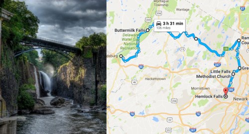 A scenic waterfall with a bridge, alongside a map route showing directions to Buttermilk Falls.